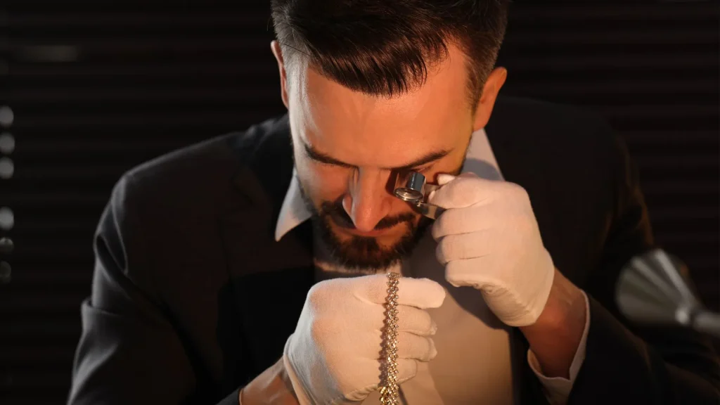 Jeweler examining a diamond bracelet with a loupe, jewelry for appraisal